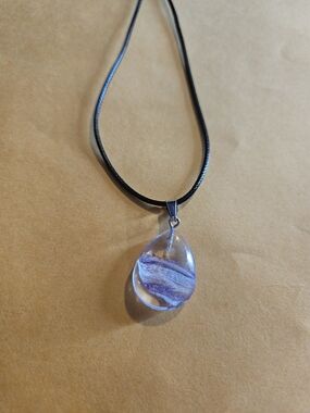 Handmade Teardrop Glass Pendant Necklace in Purple on Black Cord